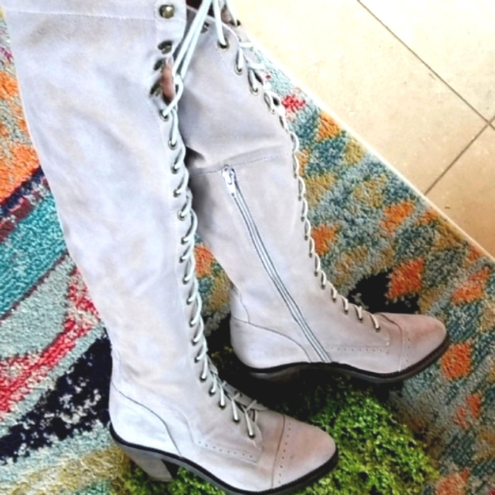 JEFFREY CAMPBELL FREE PEOPLE Over The Knee OTK JOE Grey Lace Up Heels Boots 8.5 - Picture 8 of 16